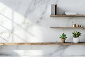 Office interior backdrop for online meetings. Light home office setting bookshelves background with succulent plants. Minimalist online workspace aesthetics. Room design with window shadow drop.