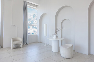 modern pure white interior design of a sprsious sitting room with soft stylish furniture. Large...