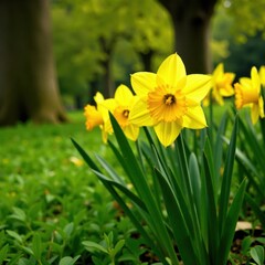 Fototapeta premium Dense daffodil patch, vibrant yellow against green, many, green