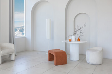 modern pure white interior design of a sprsious sitting room with soft stylish furniture. Large...