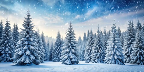 Spruce Tree Forest Covered by Snow in Winter, frosty trees, snowfall,  frosty trees