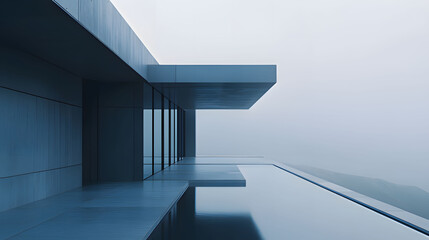 Obraz premium Modern architecture showcases sleek lines and reflective surfaces in a foggy atmosphere. Generative AI