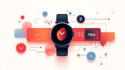 Stylized icons and graphics representing a wearable fitness tracking device mobile fitness app and step counter on a clean white background