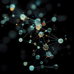 Visualization of generative AI concepts illustrating interconnected data points and digital particles in a dark setting. Generative AI