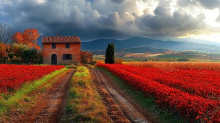 Naklejka premium Serene countryside scene featuring a rustic house amidst vibrant red fields under dramatic skies