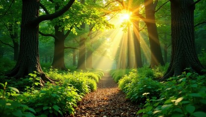Obraz premium Golden sunlight streams through emerald canopy, illuminating dappled forest floor, landscape, light, vista