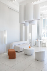 modern pure white interior design of a sprsious sitting room with soft stylish furniture. Large windows frame creating a serene atmosphere during daylight.