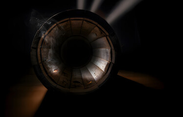Light beams illuminate a hollow tube showcasing the interplay of shadows and smoke at an artistic exhibit. Generative AI