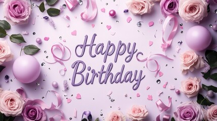 Enchanting purple-themed birthday celebration card with roses digital art festive atmosphere whimsical design