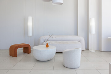 modern pure white interior design of a sprsious sitting room with soft stylish furniture. Large...