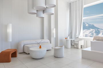 modern pure white interior design of a sprsious sitting room with soft stylish furniture. Large...
