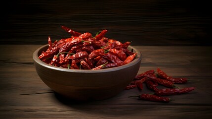 Closeup of a bowl filled with an assortment of dried chili peppers resting on a textured wooden surface  The vibrant red hues and earthy tones create a visually appealing culinary still life