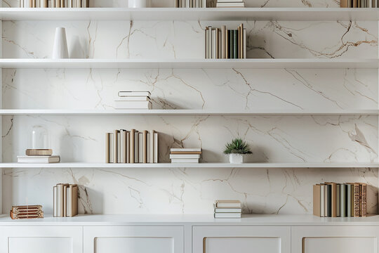 High end study with built in wooden bookshelves. Luxurious home office setting background. Minimalist reading space design.