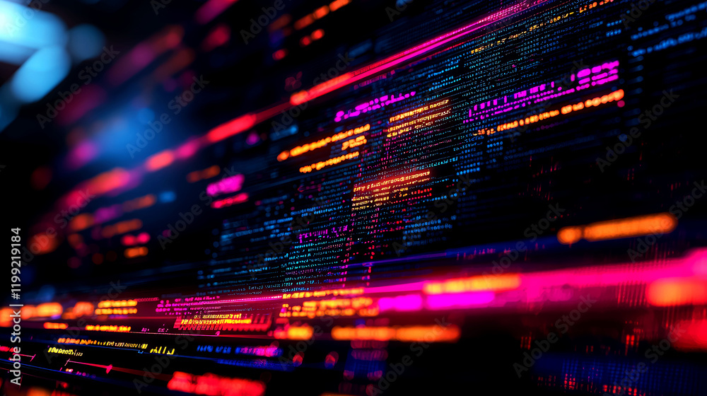 Wall mural abstract code: neon hues of digital innovation. a mesmerizing display of vibrant code lines, symboli