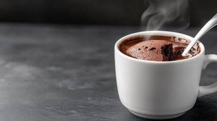 Steaming cup of hot chocolate with spoon on dark surface