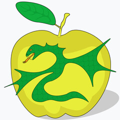 A green snake against the background of a beautiful yellow apple. Symbol of sin and temptation.