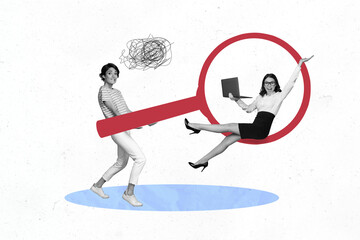 Fototapeta premium 3d sketch poster trend collage image of two puzzled happy girls business colleagues hold zoom lens magnifier laptop freelance