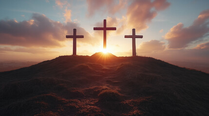 Three crosses silhouetted on hilltop against dramatic sunset sky, religious faith concept