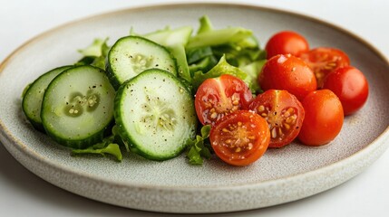 Fresh salad featuring vibrant tomatoes, crisp cucumbers, and lea