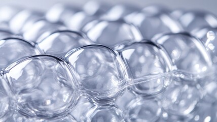 Close-up of clear plastic bubble wrap with shiny, transparent bubbles