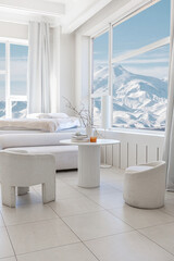 modern pure white interior design of a spacious room features a cozy bed and stylish furniture....