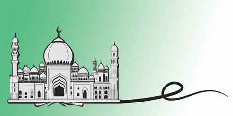 Eid Mubarak Mosque Illustration with Green Gradient Background
