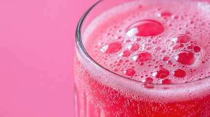 Close-up of glass filled with pink bubbly liquid against background