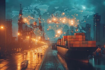 Global trade action in port city night scene with world map industrial environment urban viewpoint connectivity concept