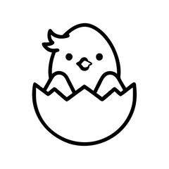 Cute chick in eggshell. Playful Easter vector icon.