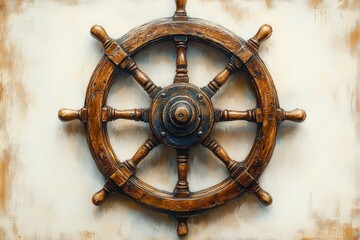 Obraz premium Antique wooden ship's wheel, nautical decor.