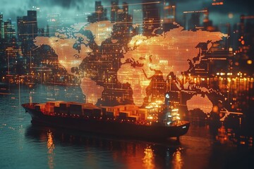 Logistics operations in an indoor facility featuring a world map shipping activity urban environment aerial view global trade concept