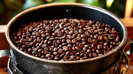 Fototapeta premium Roasted Coffee Beans in a Metal Bowl: A Close-Up View of Rich, Dark Coffee Beans Ready for Brewing