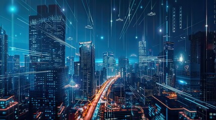 A futuristic cityscape with digitally generated skyscrapers and flying cars.