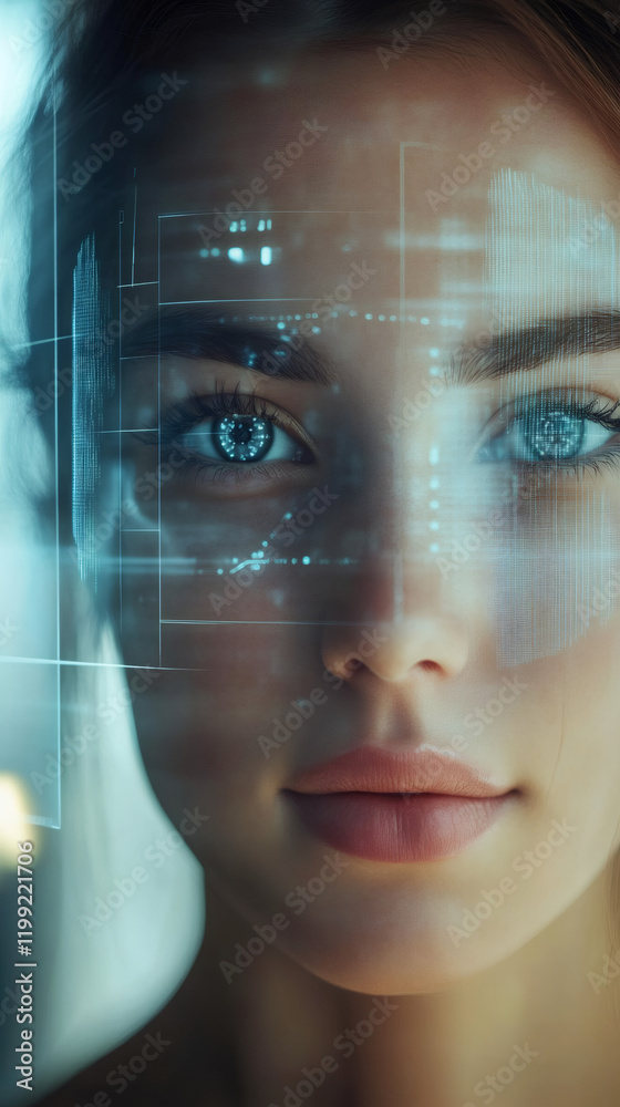 Fototapete biometric security scan analyzes woman's eyes with futuristic digital interface, ensuring advanced r