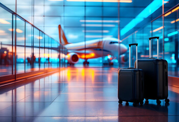Airport Departure: Sleek Suitcases Await Journey, Modern Twilight Ambiance