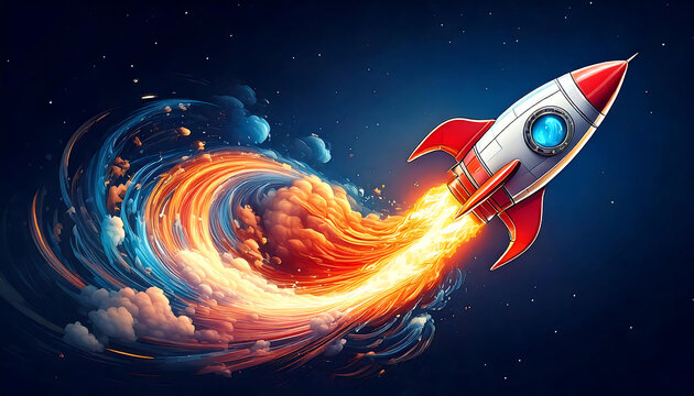 Stylized rocket soaring through space, leaving a vibrant trail of fiery, swirling clouds. Perfect for projects needing a dynamic, futuristic, or adventurous feel.
