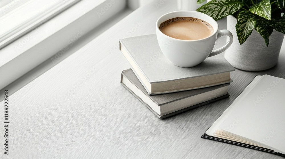 Poster this clean and organized workspace combines a stack of neutral-colored books, a steaming cup of coff