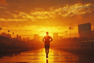 Athletic runner in a stadium at sunset sport photography dynamic environment inspirational concept