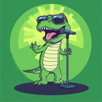 Singing alligator, cartoon, stage, spotlight, music, illustration, fun, kids