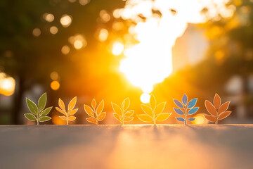 Colorful paper leaves in sunlight, creating warm and vibrant atmosphere