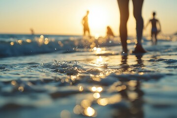 Casual beach gathering at sunset ocean shore nature photography relaxing atmosphere low angle view serene moment
