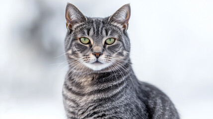 Obraz premium A captivating close-up of a tabby cat with striking green eyes, showcasing its regal demeanor against a pure white backdrop. Perfect for pet lovers and feline-themed designs.