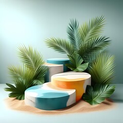 Obraz premium Serene Oasis Stone Podium with Palm Leaves and Abstract Textures