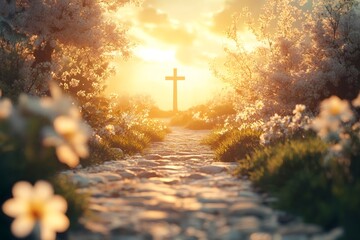 Path leading to christian cross at sunrise with blooming trees and flowers