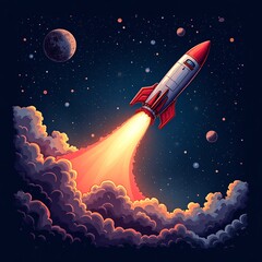Stylized Retro Rocket with Red Fins Launching Through Dark Starlit Sky with Vibrant Fire Trail and Cosmic Elements for Space Exploration and Adventure Themes