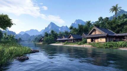 Fototapeta premium Tranquil River Village in Lush Mountains