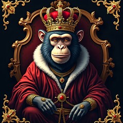Obraz premium Regal Chimpanzee Adorned in Royal Red Robes and Golden Crown Seated on Ornate Throne Against Dark Background for Luxury and Power Themes