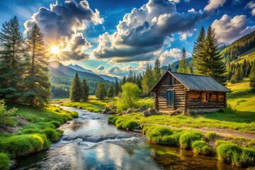 Rustic Cabin by Stream - AI Photography