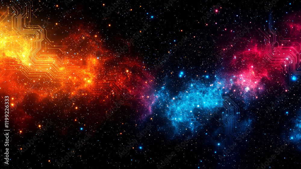 Wall mural cosmic circuitry: a mesmerizing blend of nebulae and digital circuitry, evoking a sense of wonder an