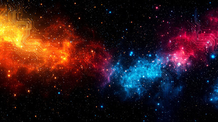 Fototapeta premium Cosmic Circuitry: A mesmerizing blend of nebulae and digital circuitry, evoking a sense of wonder and technological advancement in the vast expanse of space.